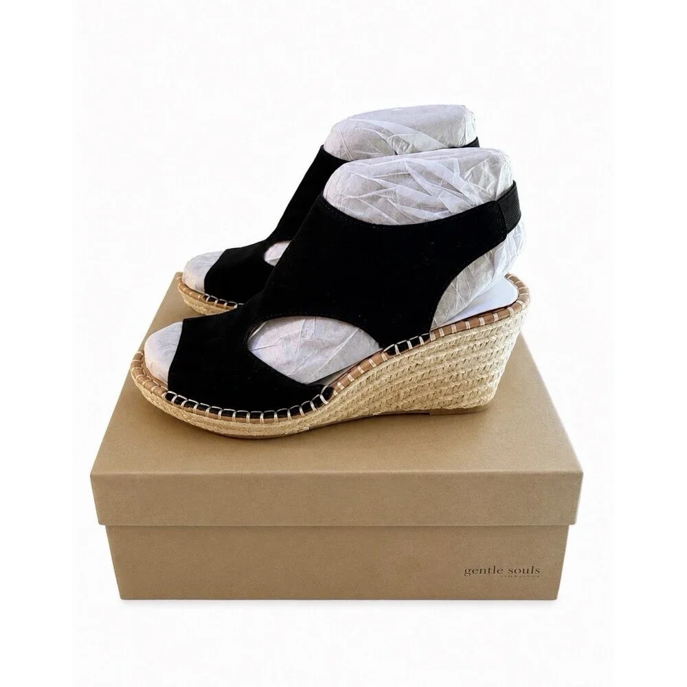 Gentle Souls Cody by Kenneth Cole Black Suede Espadrille Wedge Sandals Size 9M